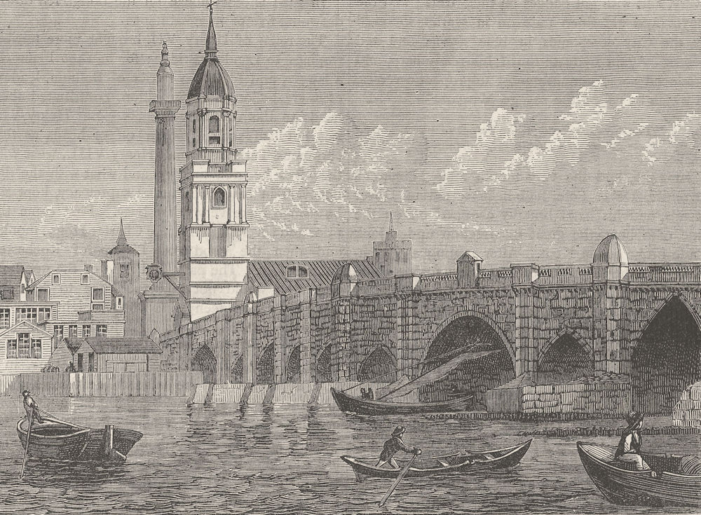 LONDON BRIDGE. London Bridge in 1796 c1880 old antique vintage print picture