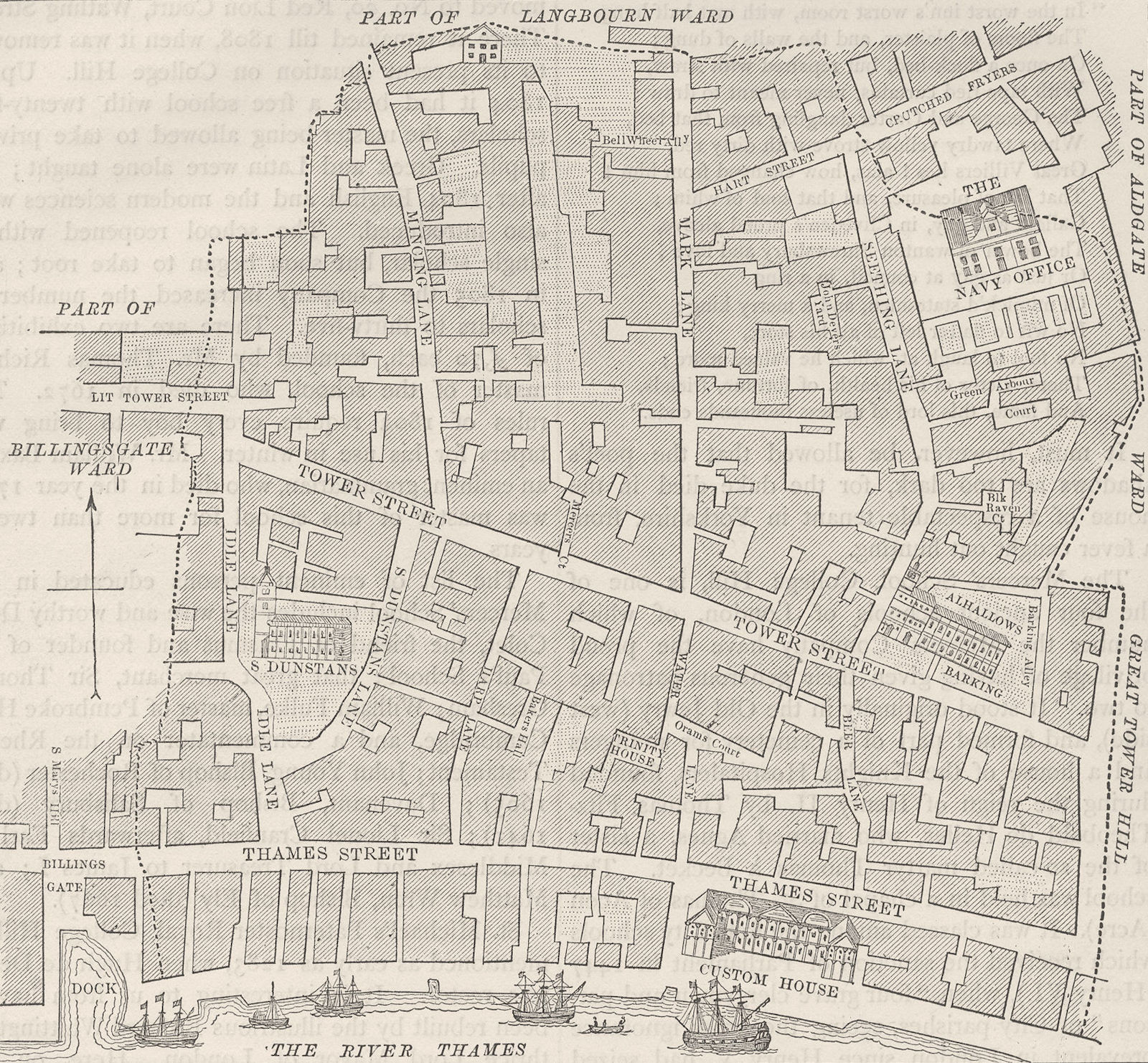 UPPER THAMES STREET. Tower Street Ward (from a map made for Stow's survey) c1880