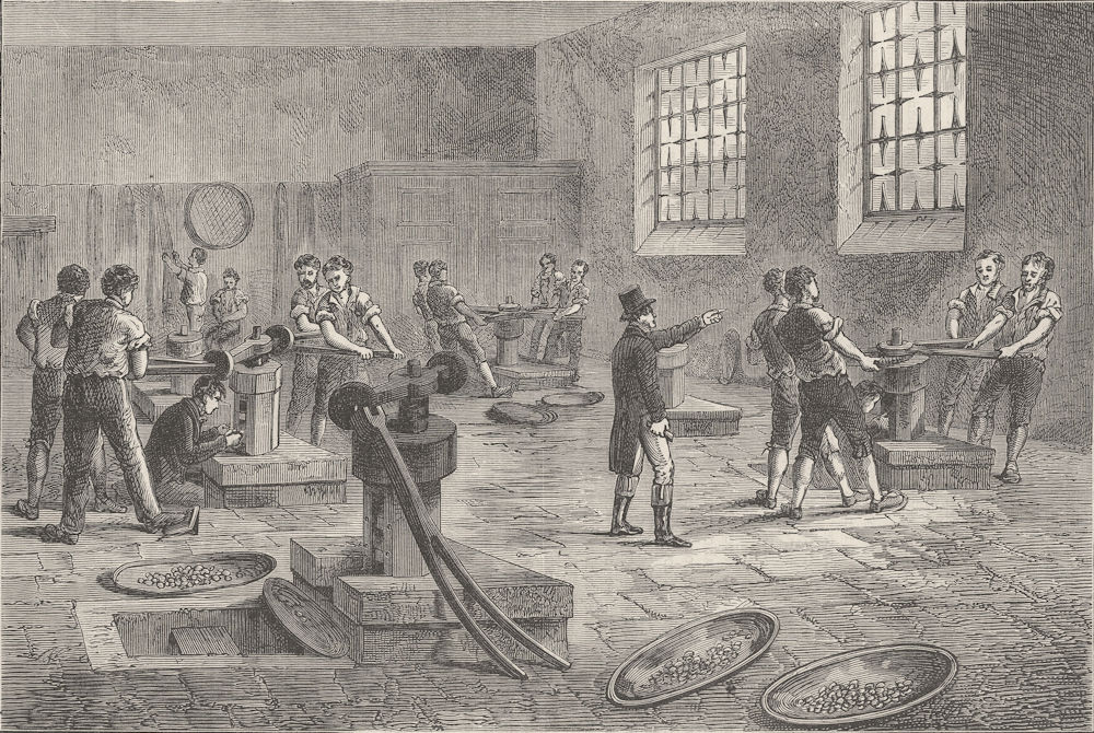 THE ROYAL MINT. Interior of the Mint, c 1820 c1880 old antique print picture