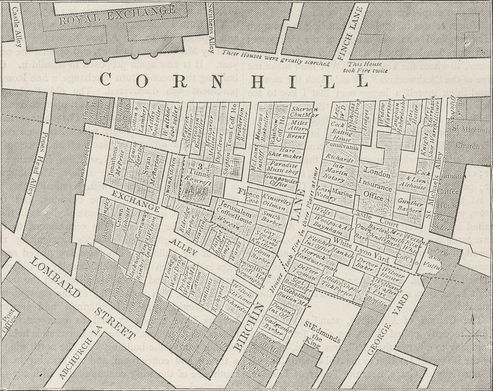 CORNHILL. Plan showing the extent of the Great Fire in 1748. London c1880 map