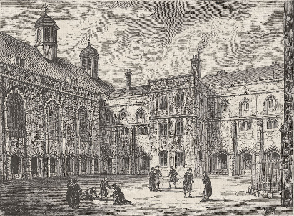 CHRIST'S HOSPITAL. The cloisters, Christ's Hospital in 1804 c1880 old print