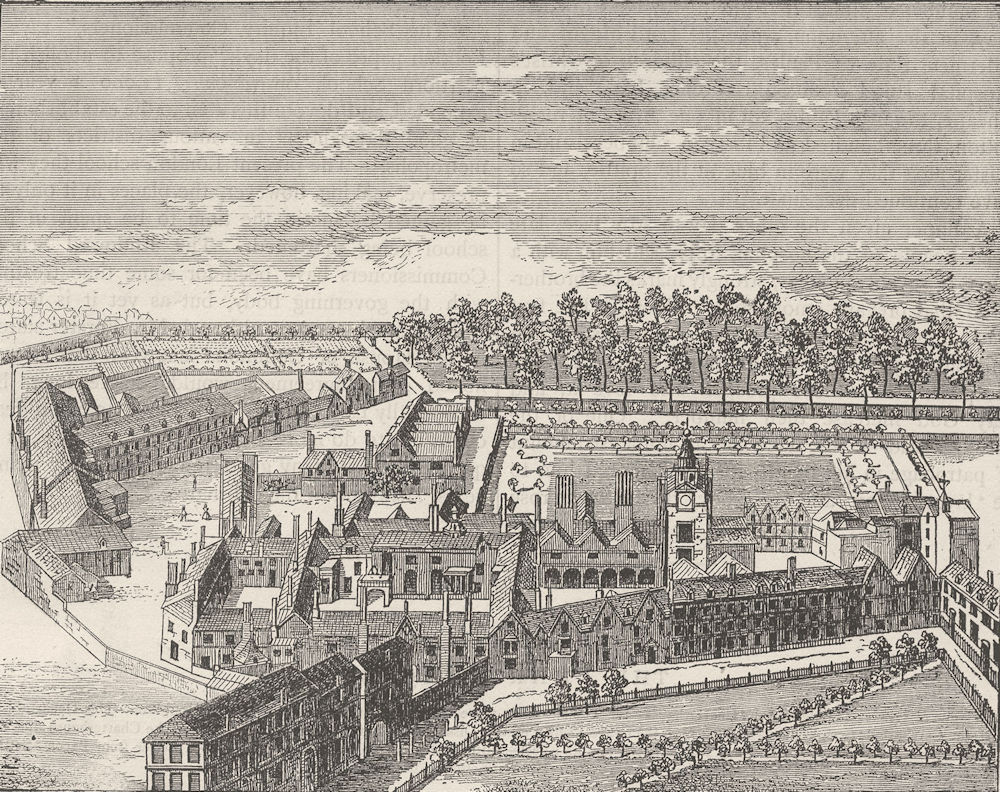 CHRIST'S HOSPITAL. Bird's-eye view of the old Charterhouse. London c1880 print