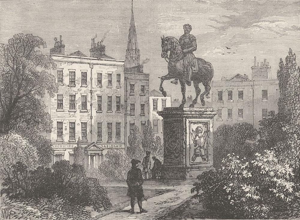 Associate Product LEICESTER SQUARE. Statue of George 1., and Hogarth's House, 1790. London c1880