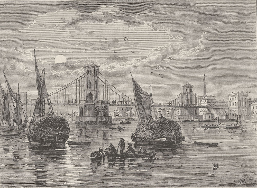 THE RIVER THAMES. Hungerford suspension bridge. London c1880 old antique print