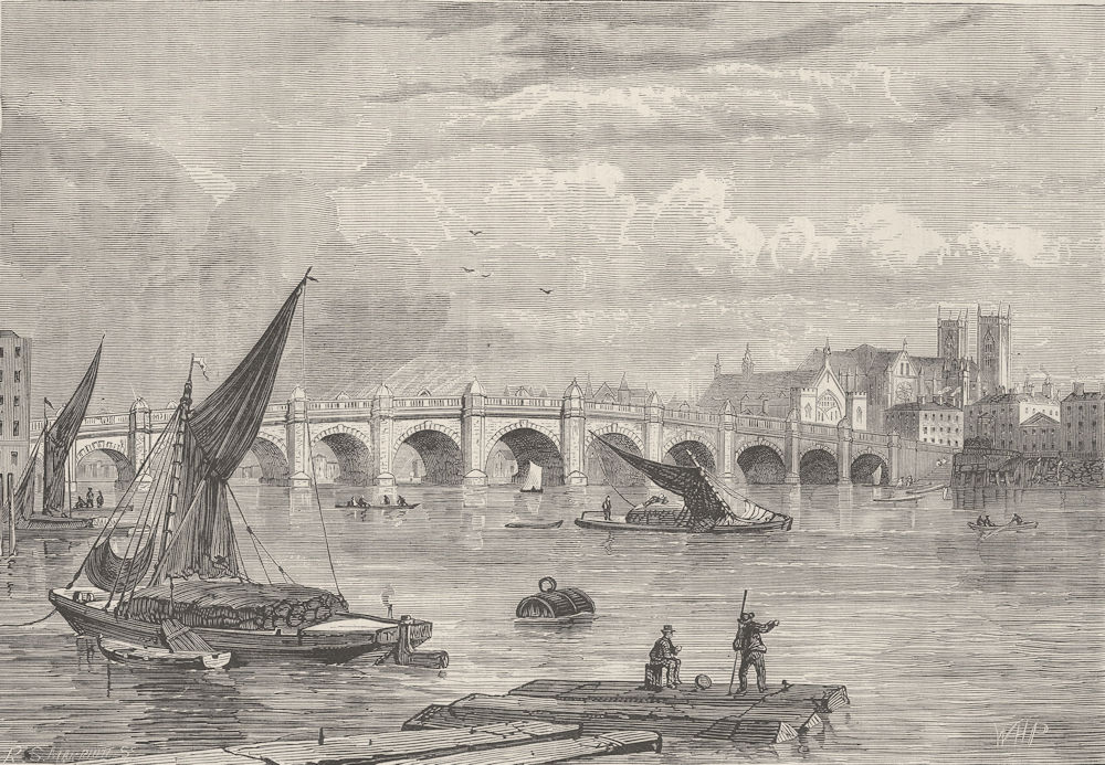 THE RIVER THAMES. Old Westminster Bridge in 1754. London c1880 print