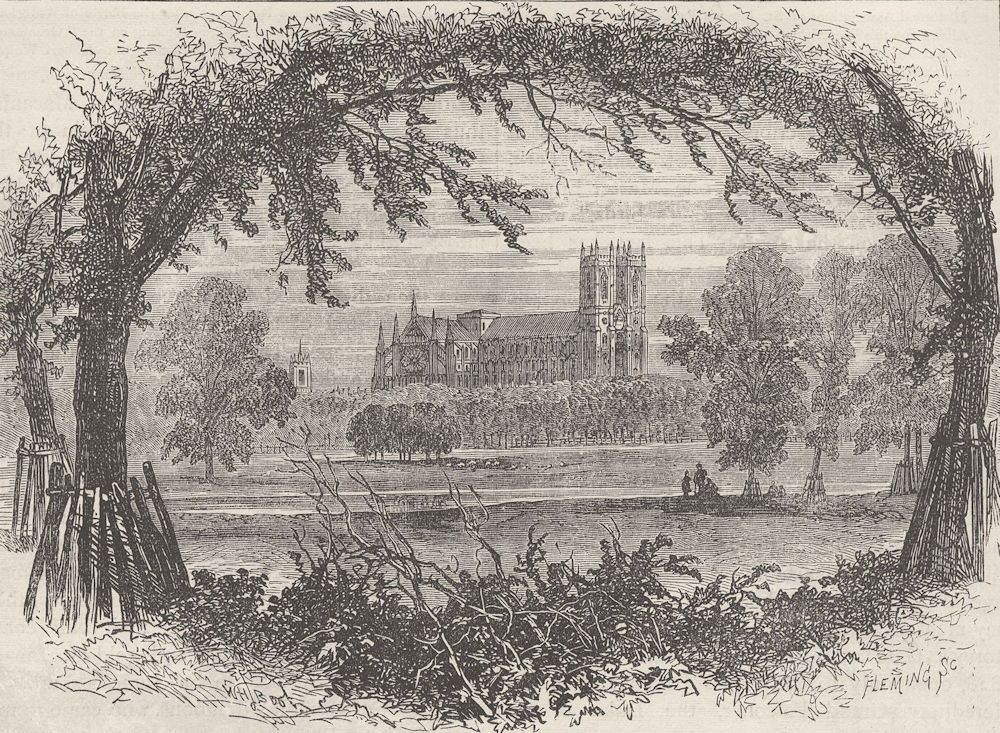 ST.JAMES'S PARK. Westminster Abbey from St.James's Park, about 1740 c1880