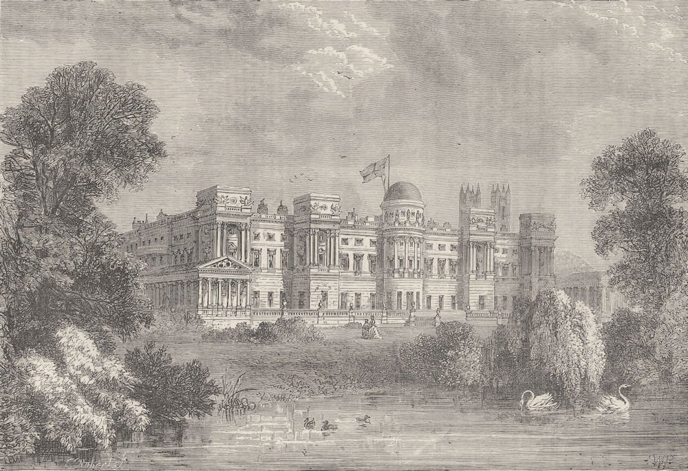 BUCKINGHAM PALACE. Buckingham Palace. Garden front. London c1880 old print