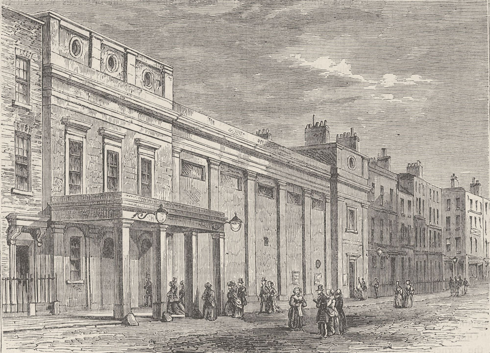FITZROVIA. Exterior of the Tottenham Street Theatre, 1830. London c1880 print