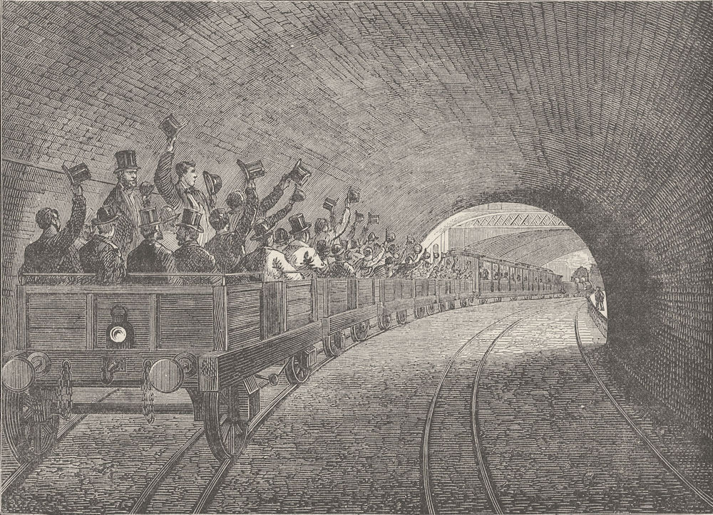 LONDON UNDERGROUND. Trial trip on the underground railway, 1863 c1880 print