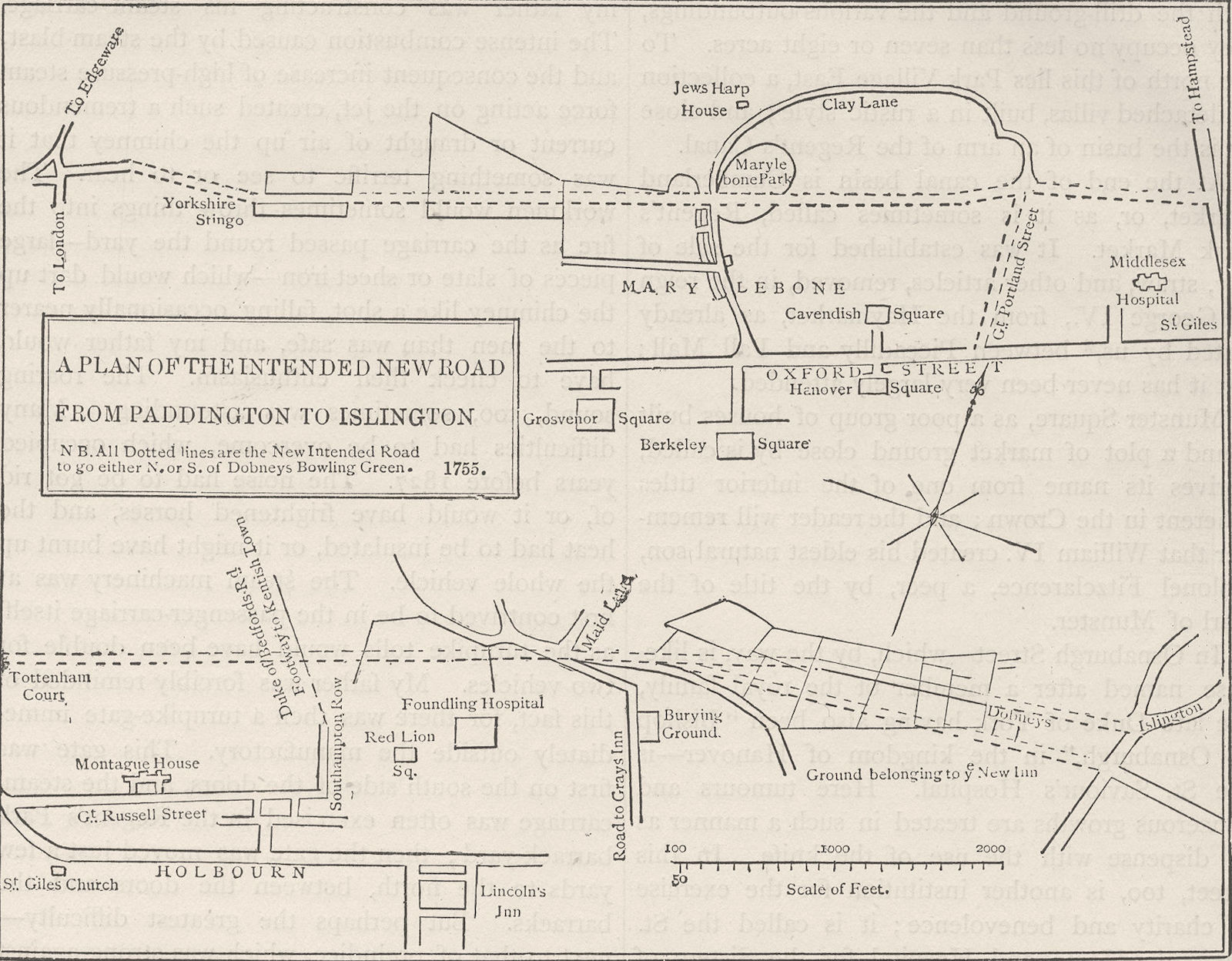MARYLEBONE/EUSTON ROAD New Road plan.Islington to Edgware Road (1755) c1880 map