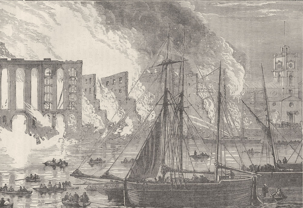 SOUTHWARK. The great fire at Cotton's Wharf Tooley Street, 1861. London c1880