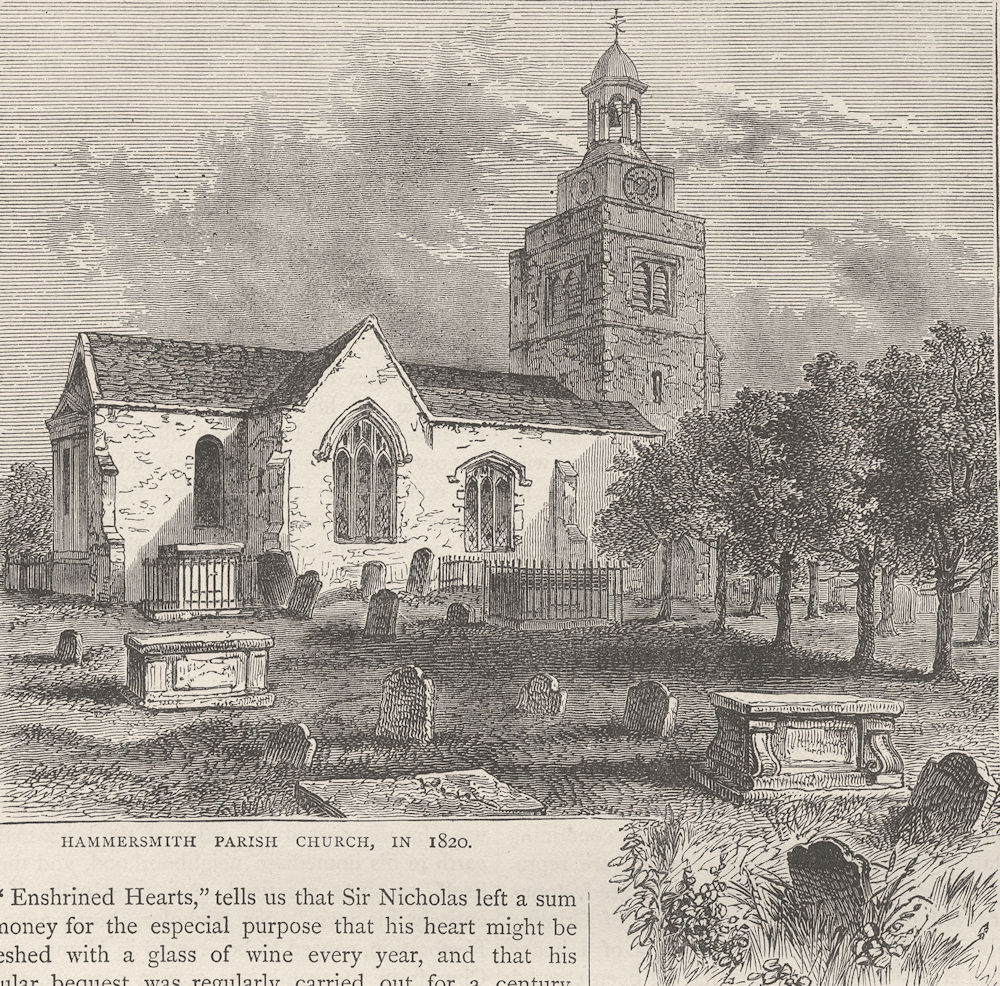HAMMERSMITH. The Parish Church, in 1820. London c1880 old antique print