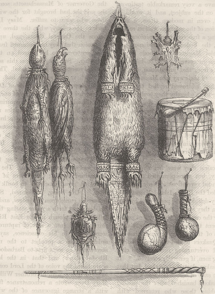 Indian. medicine bag, mystery whistle, rattle, drum c1880 old antique print
