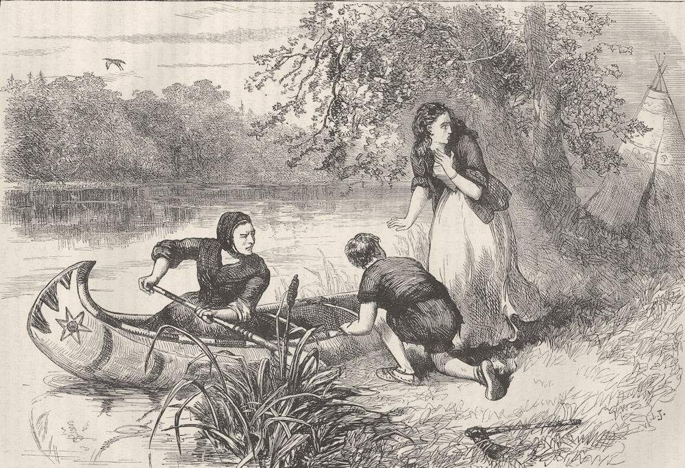 USA. Mrs Dunstan escaping down Merrimac c1880 old antique print picture