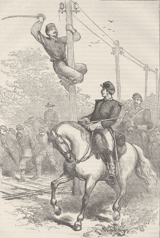 USA. Civil War. Stuart's cavalry cutting telegraph c1880 old antique print