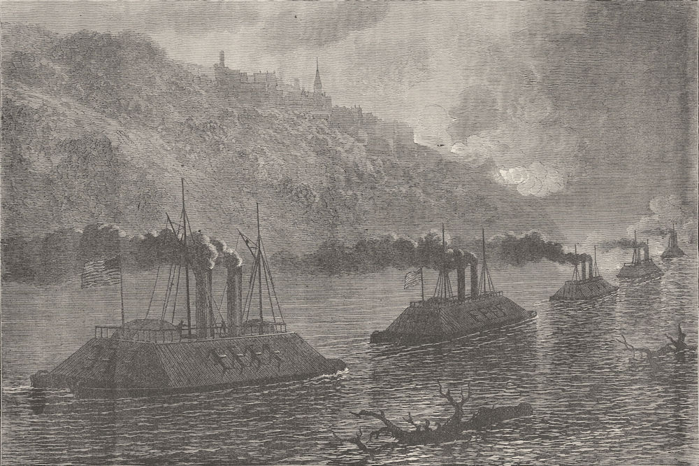 Associate Product MISSISSIPPI. Civil War. Gunboats passing Vicksburg c1880 old antique print