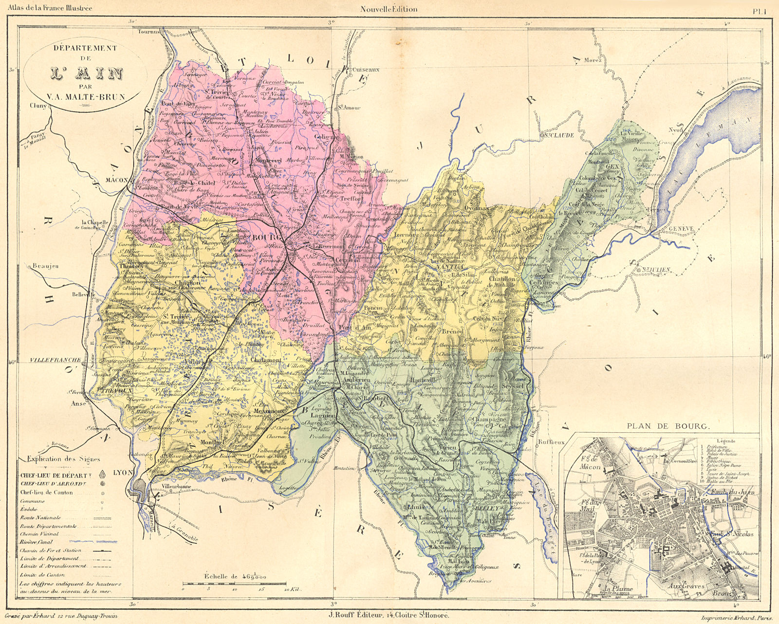 AIN. Departement de L'Ain; plan Bourg 1881 old antique vintage map chart