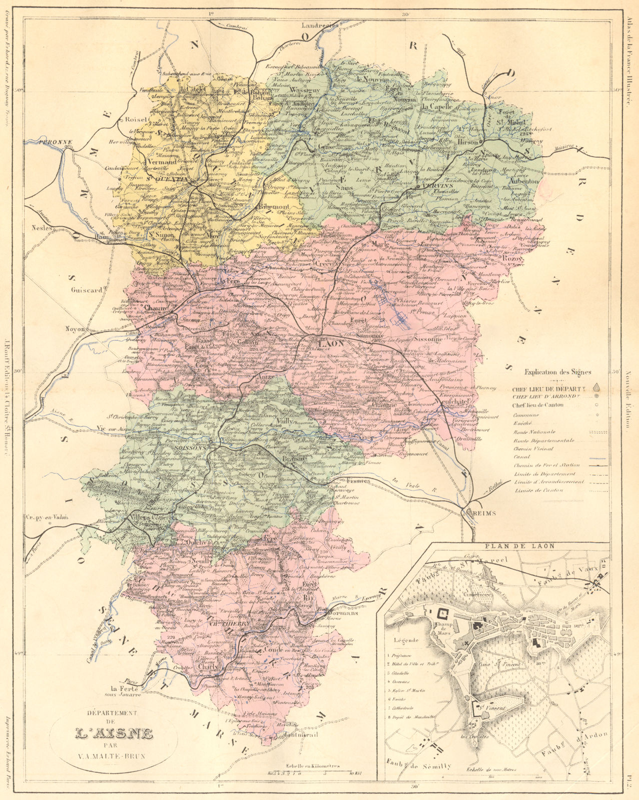 Associate Product AISNE. Departement de L'Aisne; plan Laon 1881 old antique map chart