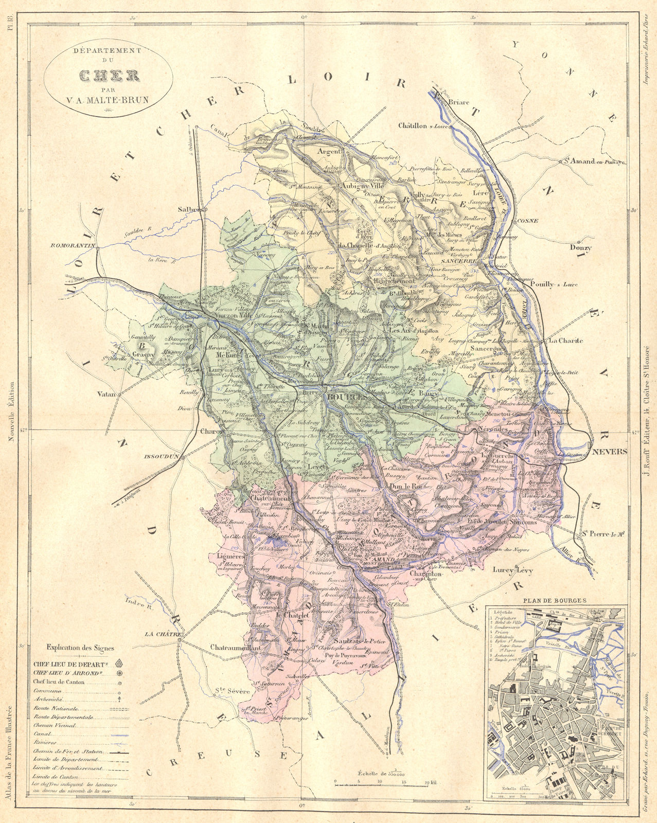 FRANCE. Departement du Cher; plan de Bourges 1881 old antique map chart