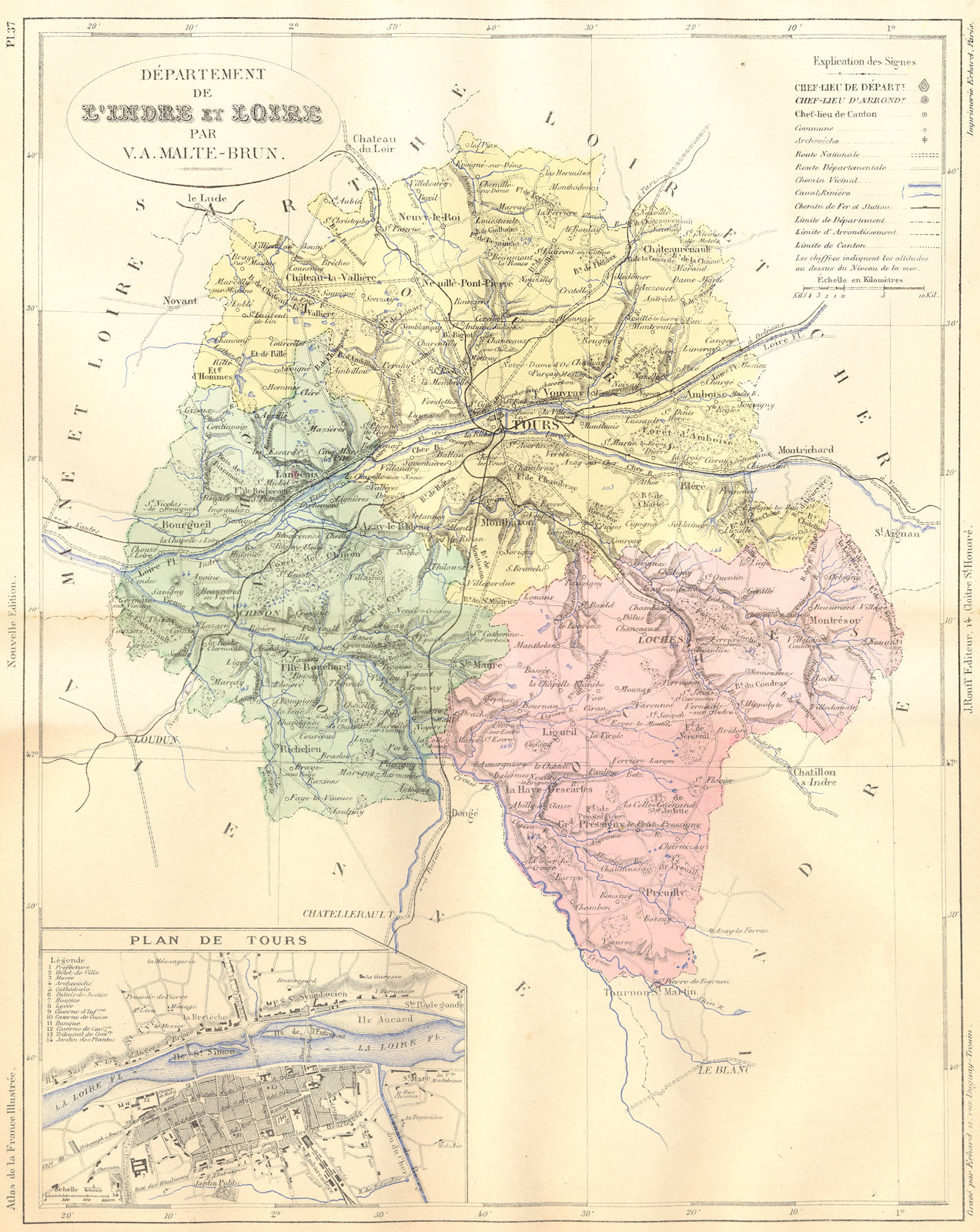LOIRE. Departement de L'Indre; plan Tours 1881 old antique map chart
