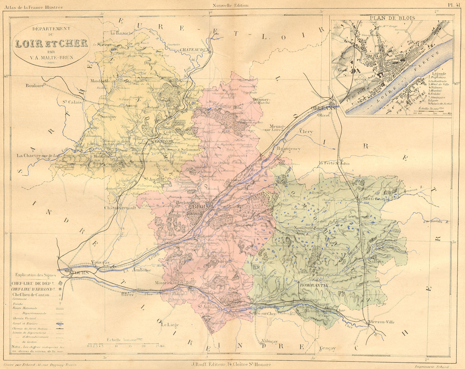 LOIR-CHER. Departement du; plan de Blois 1881 old antique map chart