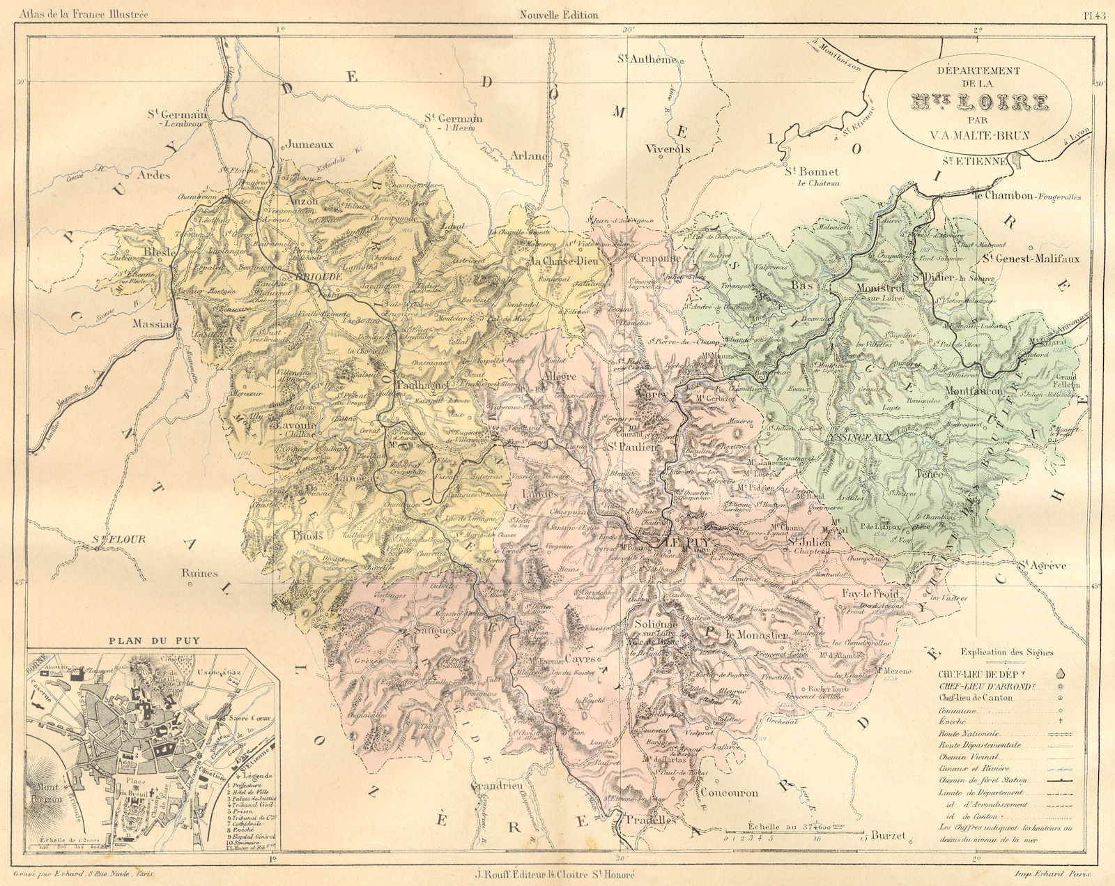 HAUTE-LOIRE. Departement de Hte; plan du Puy 1882 old antique map chart