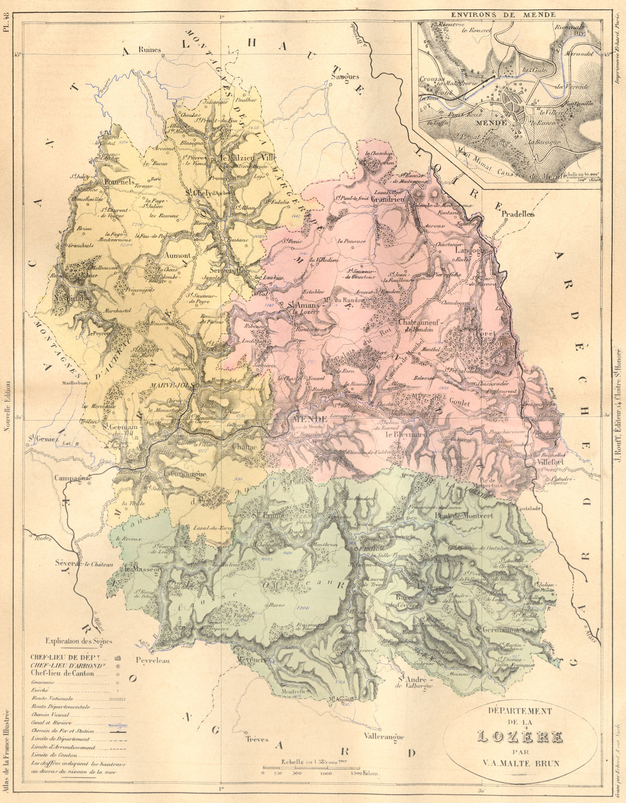 LOZÈRE. Departement de Lozere; area Mende 1882 old antique map plan chart