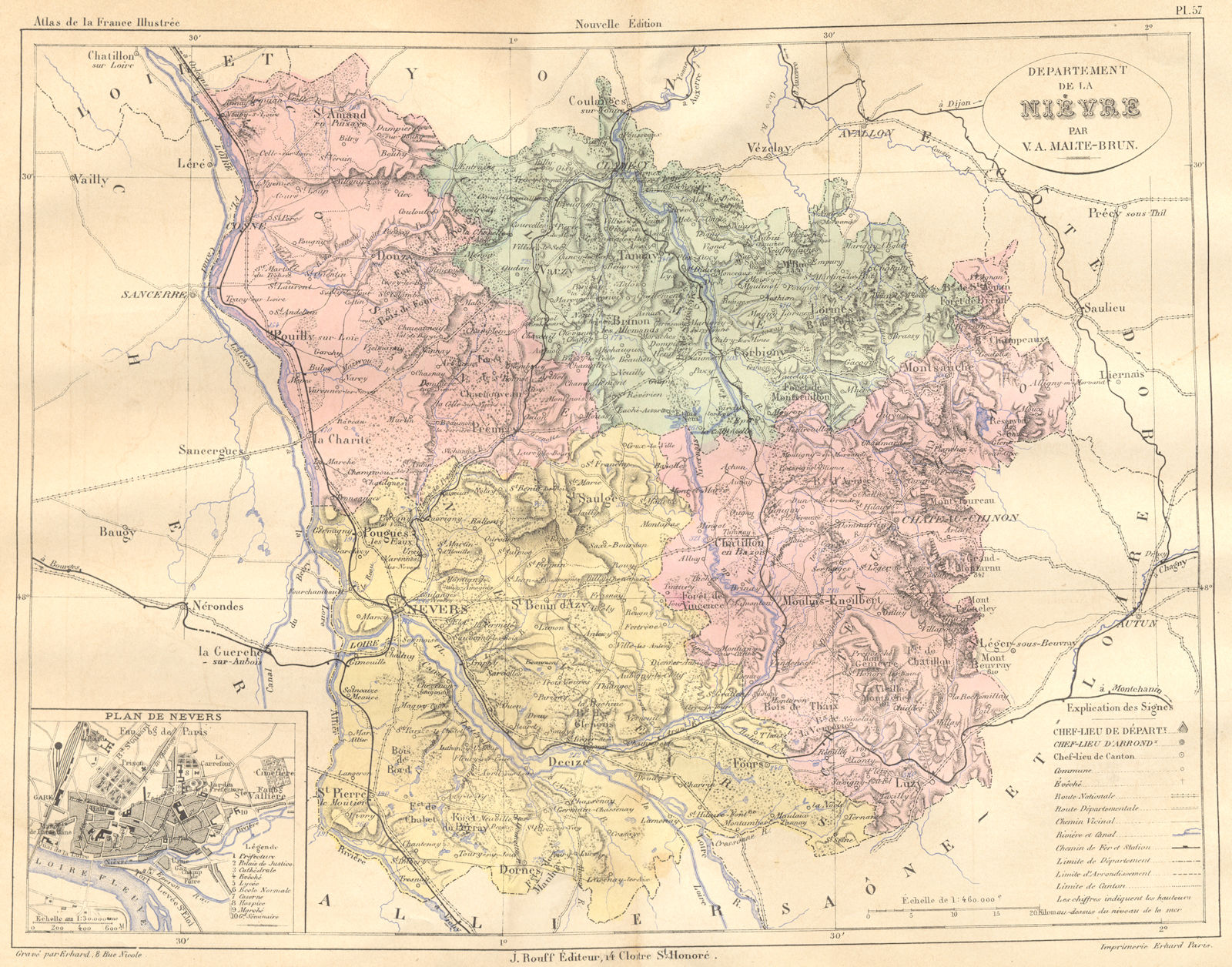 NIÈVRE. Departement de Nieyre; plan Nevers 1882 old antique map chart