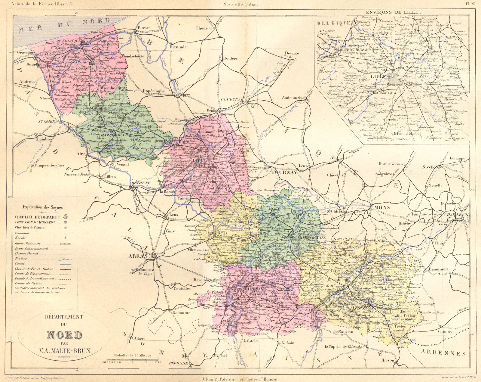 NORD. Departement du; area de Lille 1882 old antique vintage map plan chart
