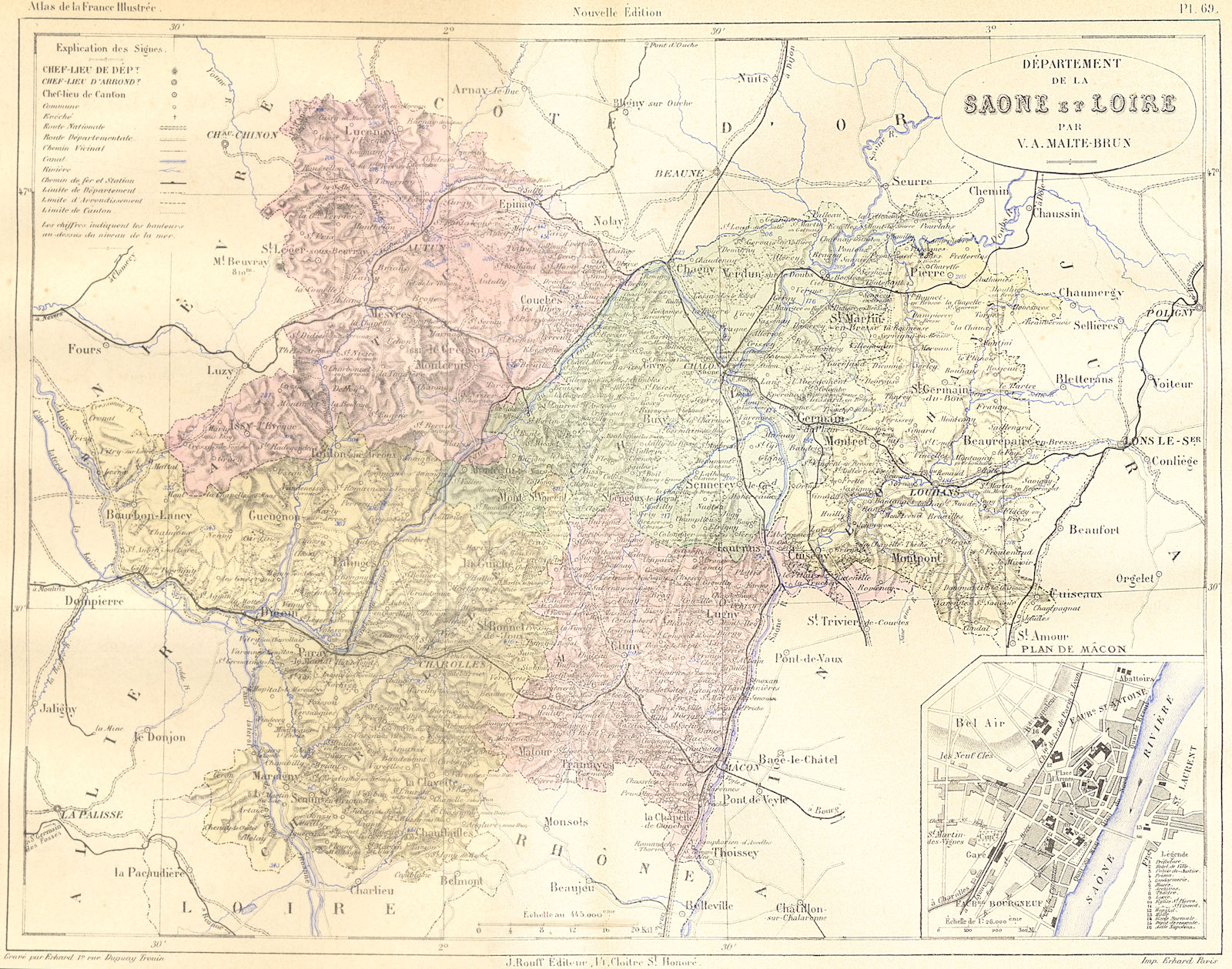 Associate Product SAÔNE-LOIRE. Departement de Saone; plan Mâcon 1883 old antique map chart