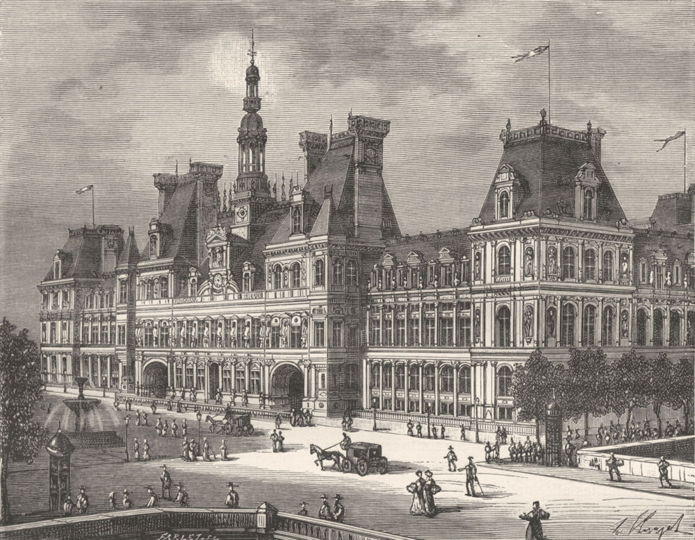 PARIS. Seine. Hotel de Ville 1883 old antique vintage print picture
