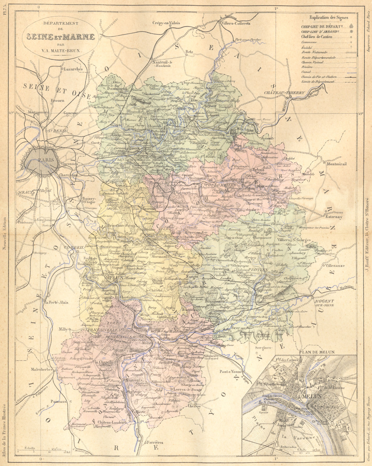 SEINE-MARNE. Departement de; plan Melun 1883 old antique map chart
