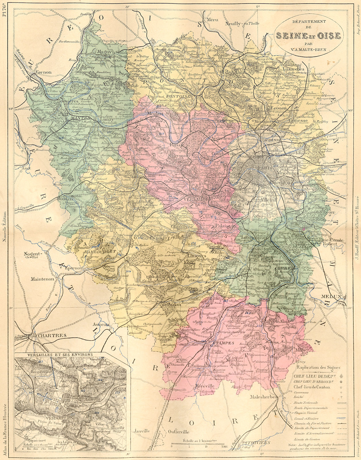FRANCE. Departement de Seine Oise; Versailles 1883 old antique map plan chart