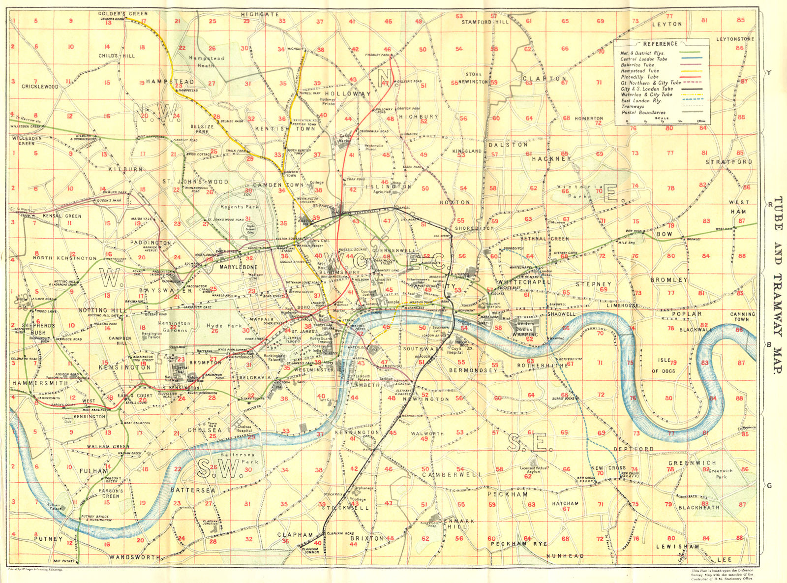 LONDON. Tube & Tramway Map of 1924 old vintage plan chart