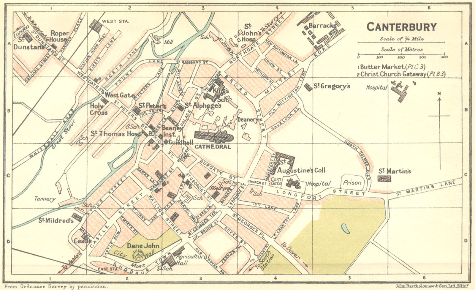 KENT. Canterbury Town Plan 1924 old vintage map chart