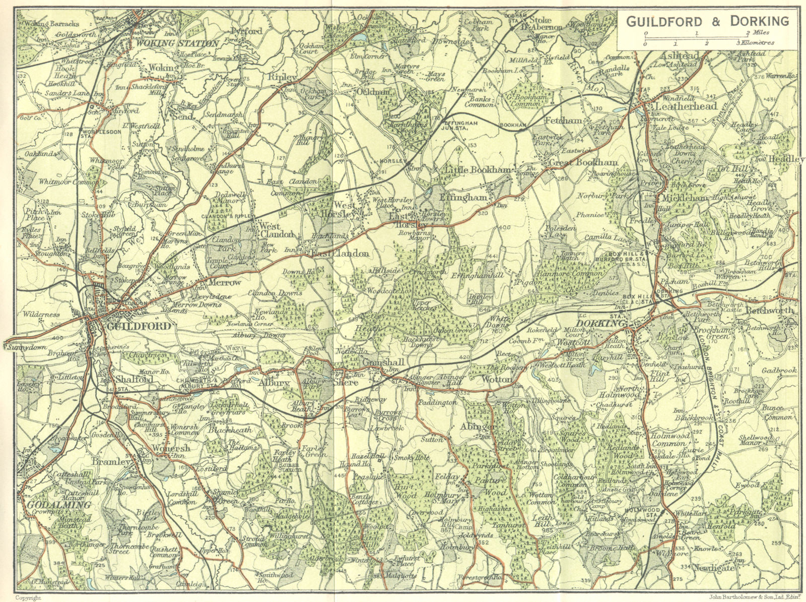 SURREY. Guildford & Dorking Town Plan 1924 old vintage map chart