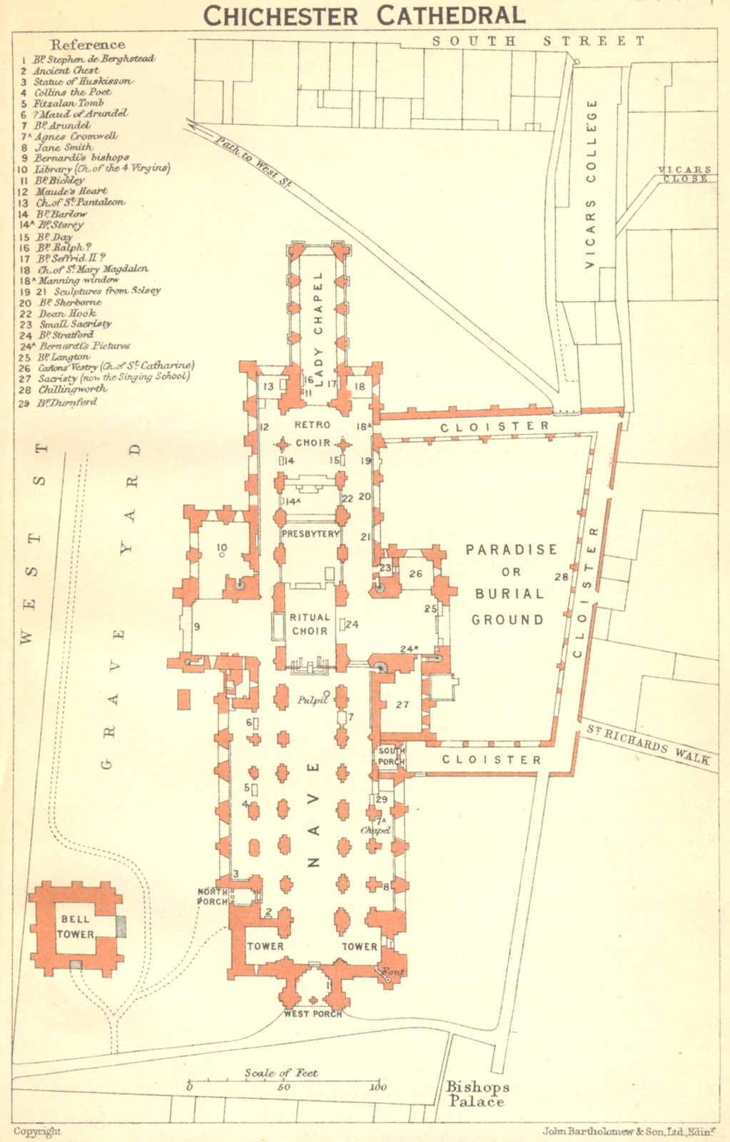 SUSSEX. Chichester cathedral 1924 old vintage map plan chart