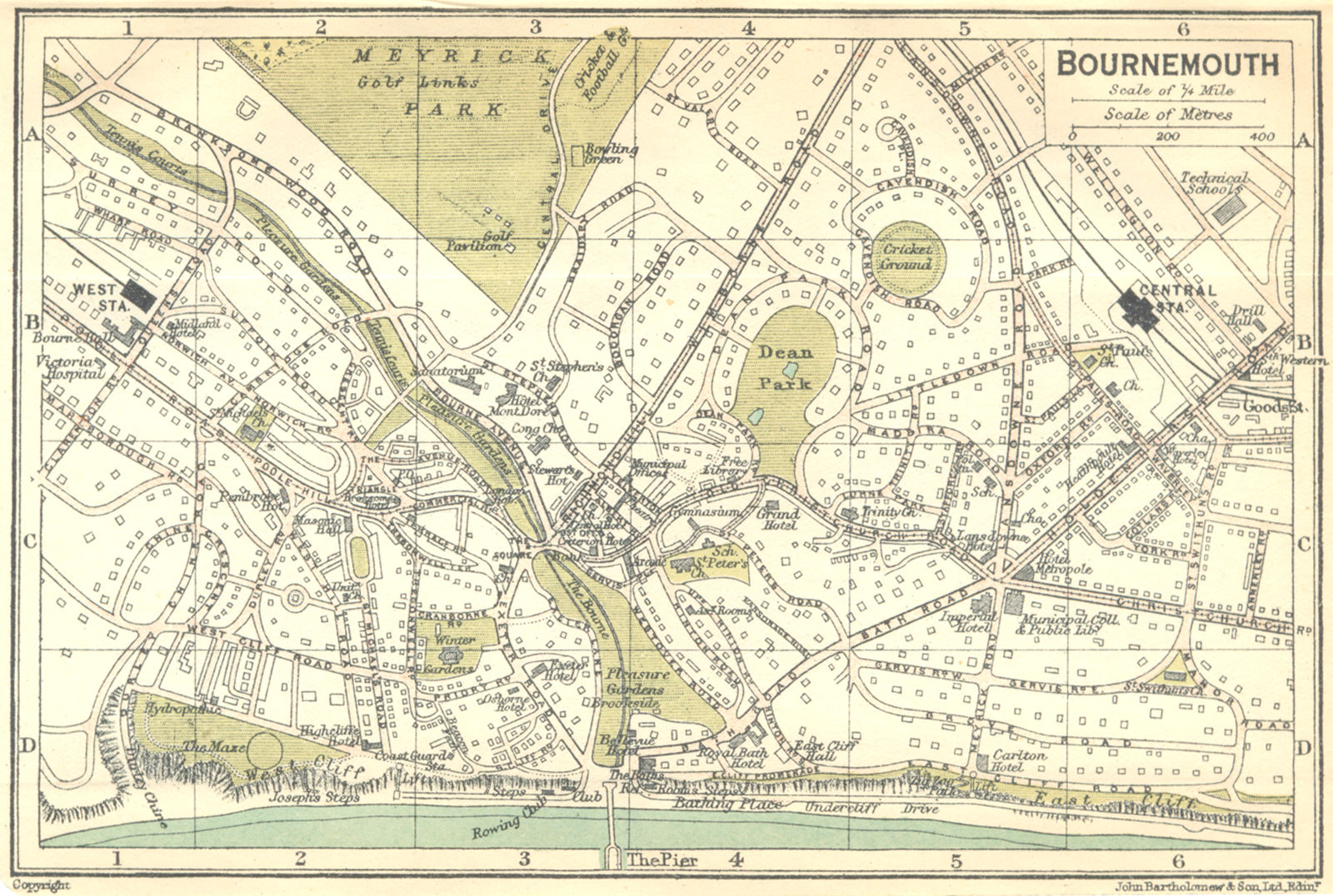 HANTS. Bournemouth Town Plan 1924 old vintage map chart