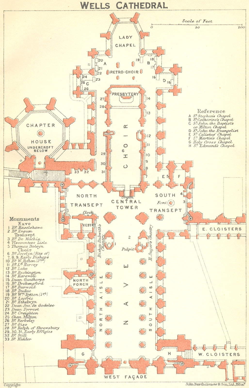 SOMT. Wells cathedral 1924 old vintage map plan chart