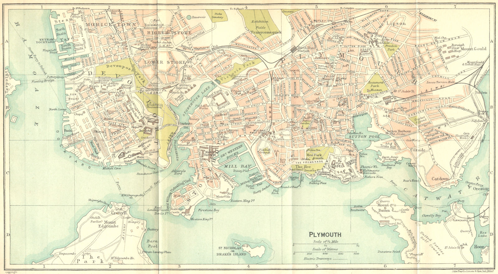 DEVON. Plymouth Town Plan 1924 old vintage map chart