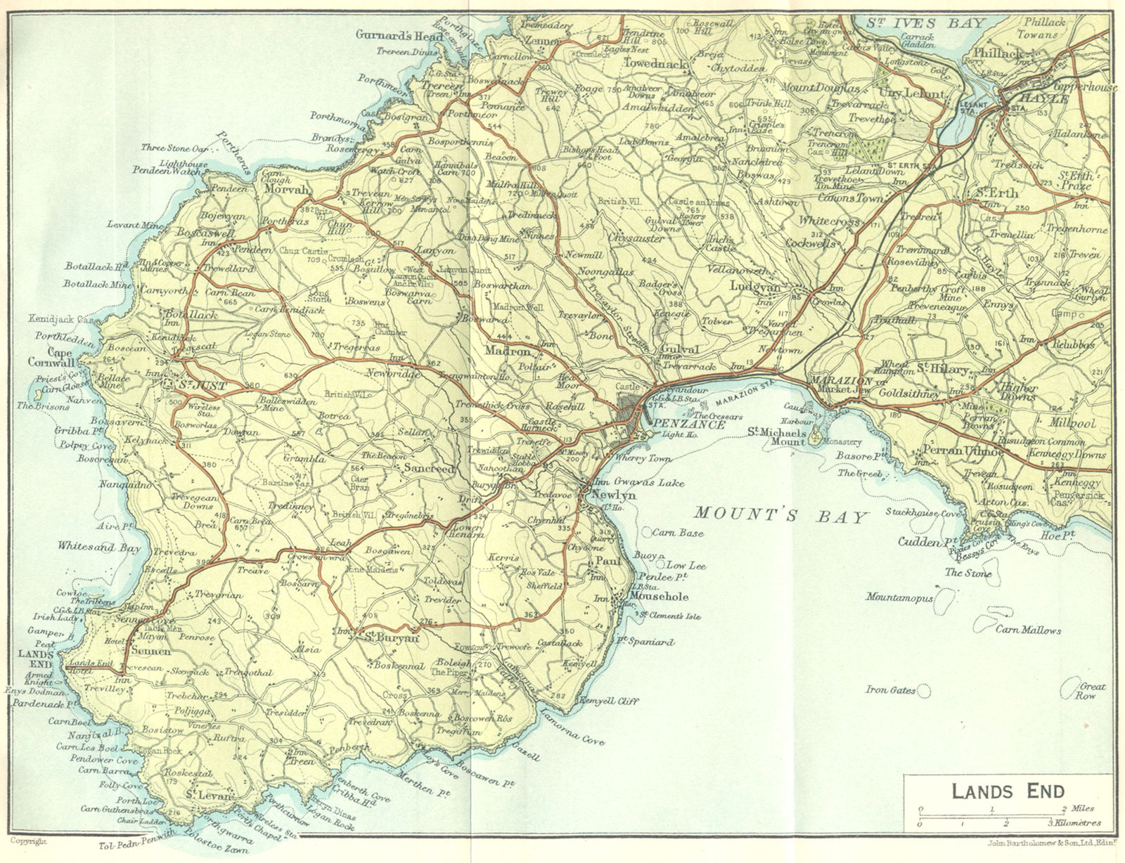 CORNWALL. Land's End 1924 old vintage map plan chart