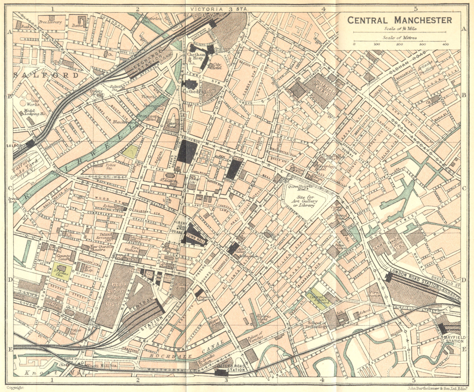 LANCS. Central Manchester Town Plan 1924 old vintage map chart