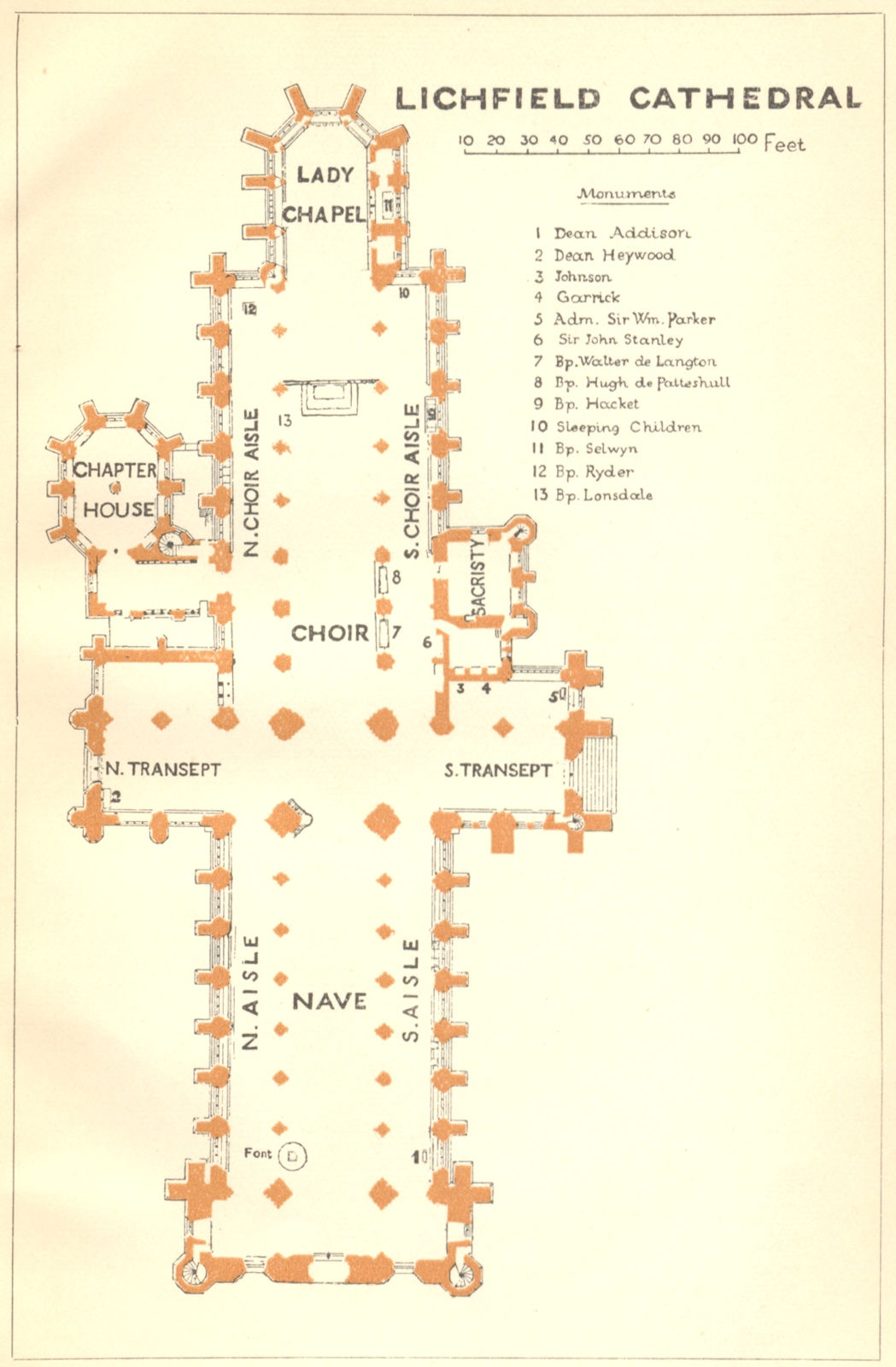 STAFFS. Lichfield cathedral 1924 old vintage map plan chart