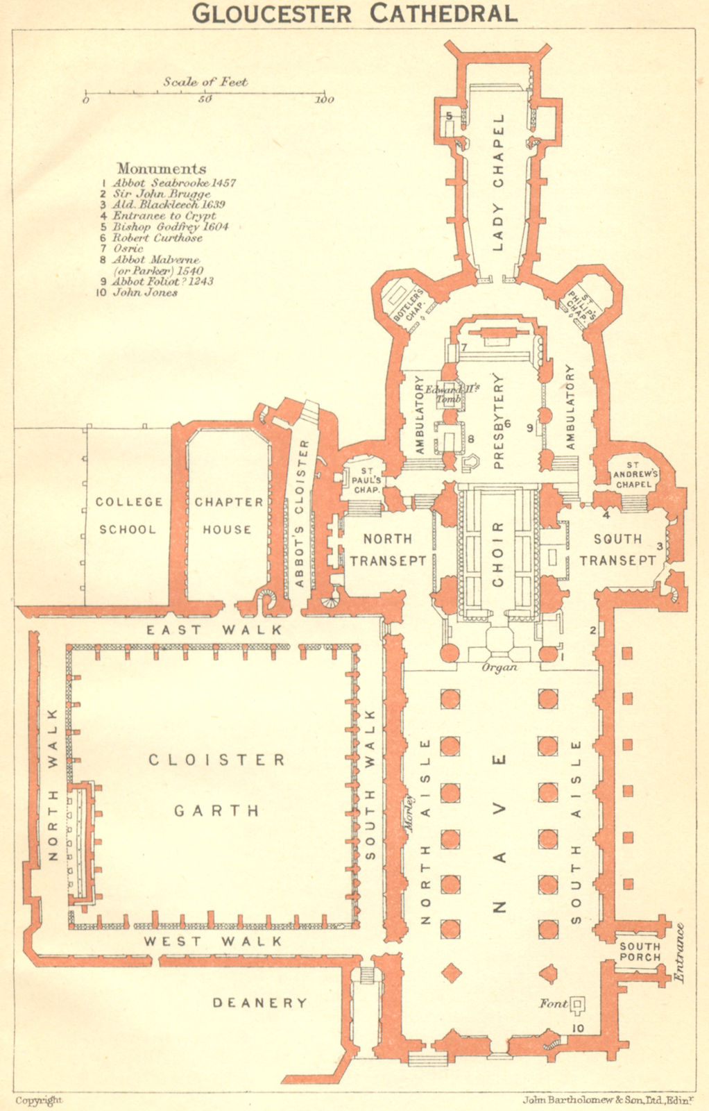GLOS. Gloucester cathedral 1924 old vintage map plan chart