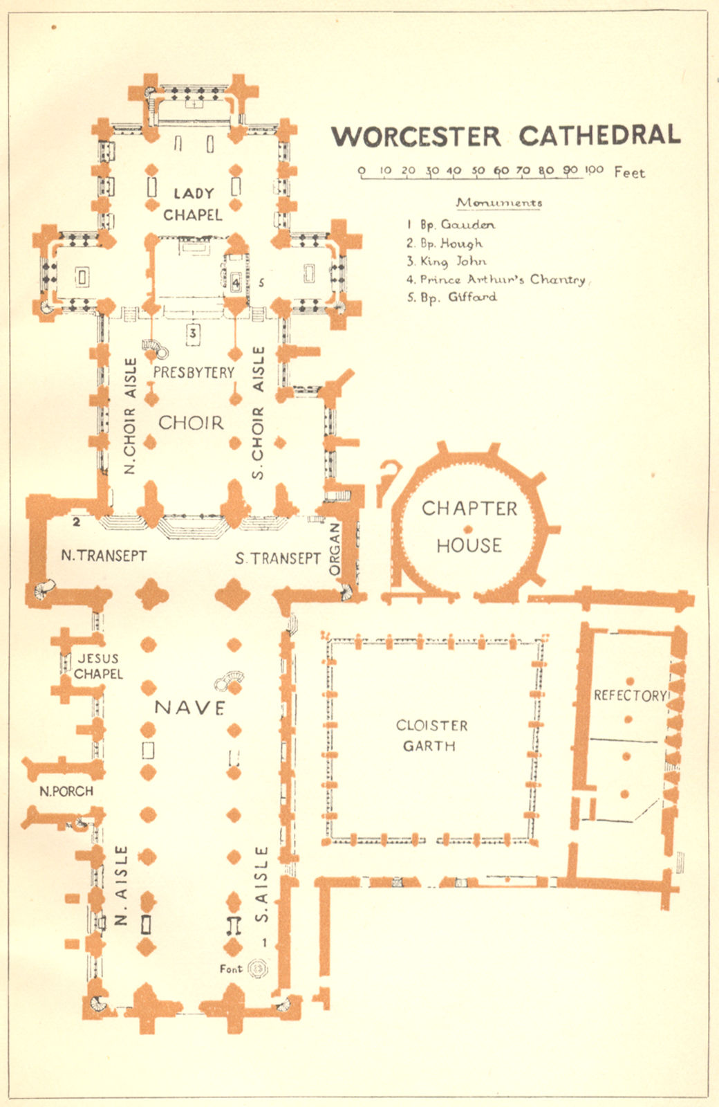 WORCS. Worcester cathedral 1924 old vintage map plan chart