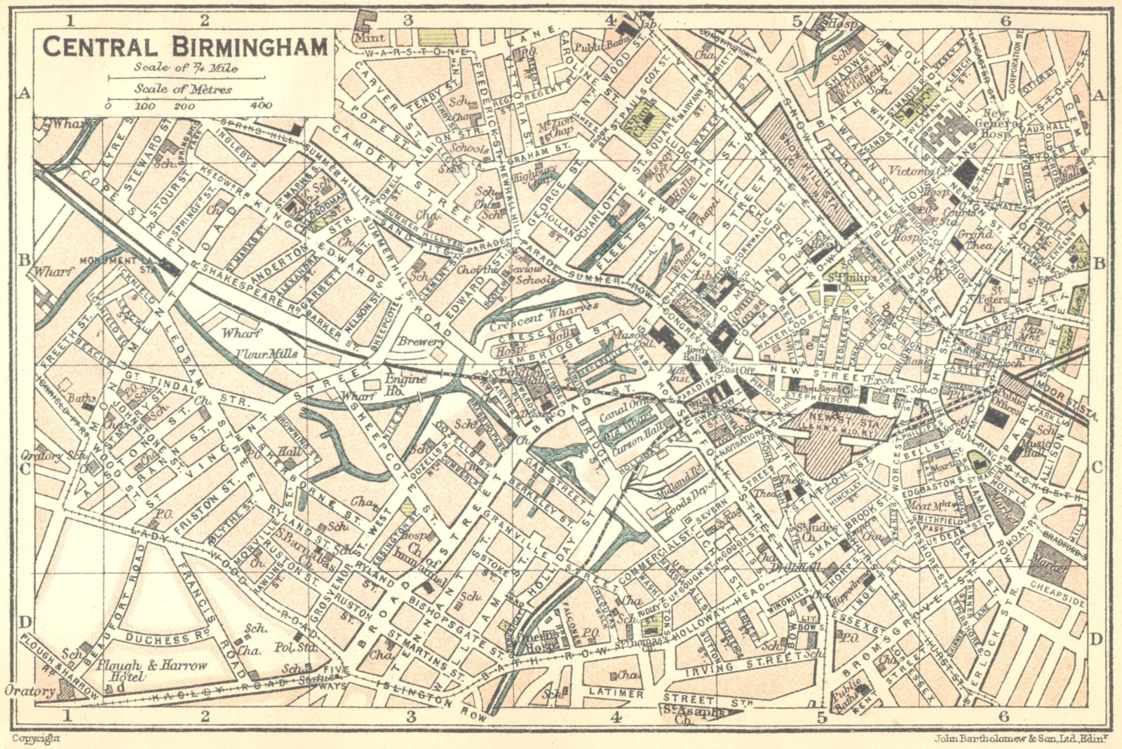 WARCS. Central Birmingham Town Plan 1924 old vintage map chart