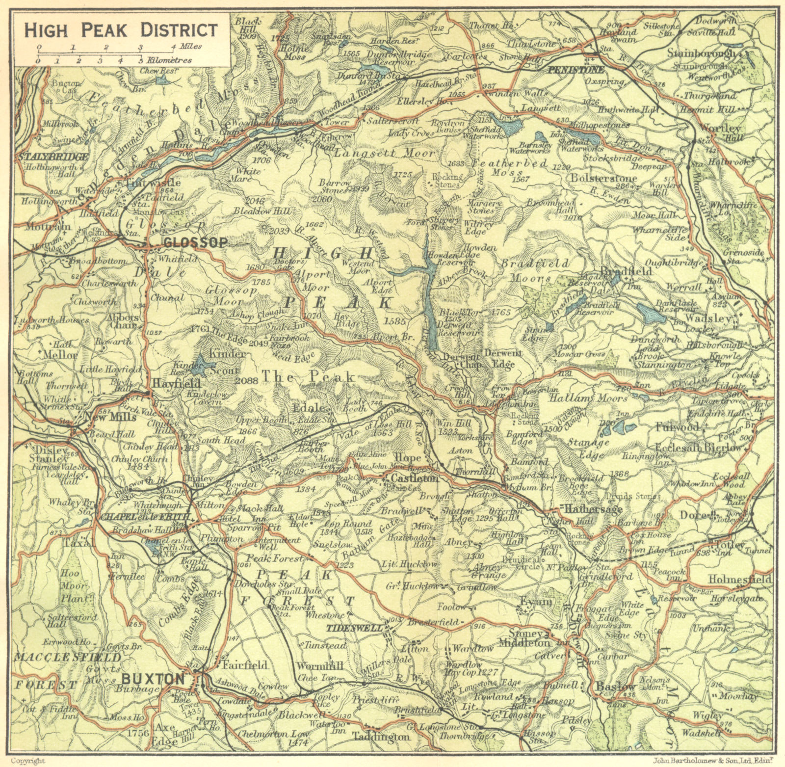 DERBYS. High Peak District 1924 old vintage map plan chart