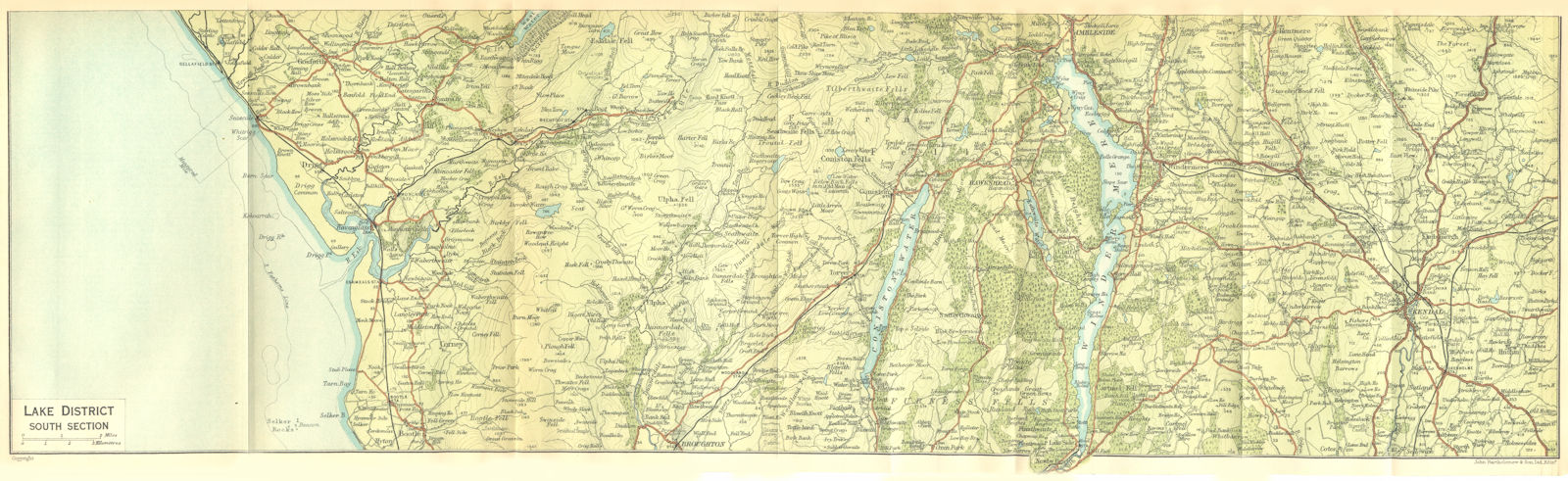 CUMBS. Lake District, south 1924 old vintage map plan chart