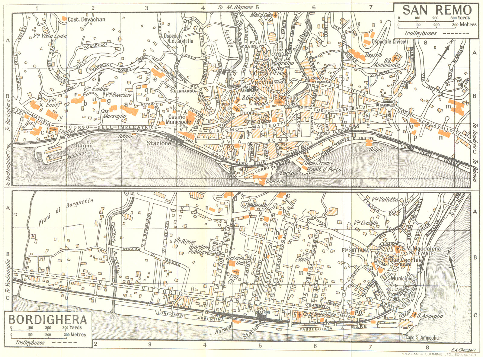 SAN REMO; BORDIGHERA town/city plan. Italy 1953 old vintage map chart
