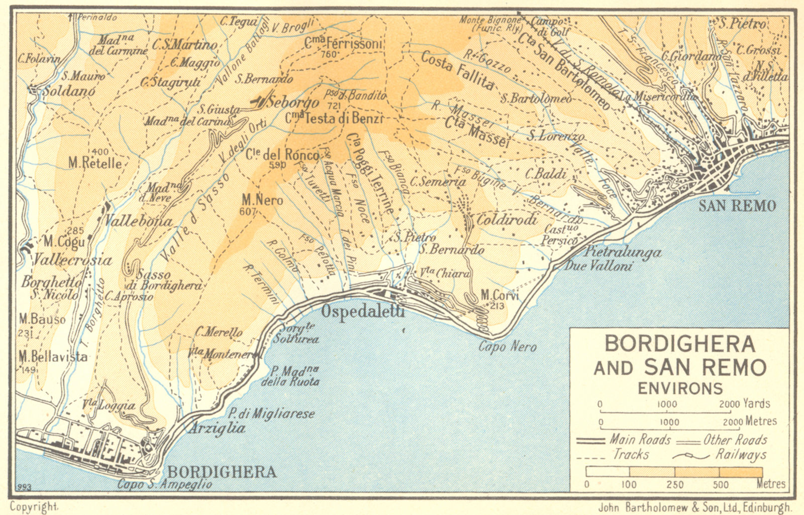 Bordighera and San Remo Environs 1953 old vintage map plan chart
